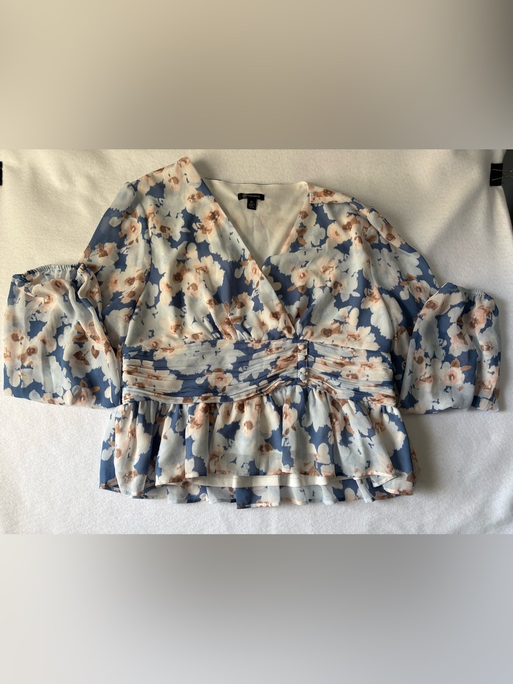 Versona Blue and Cream Floral Peplum Blouse with Tan Accents